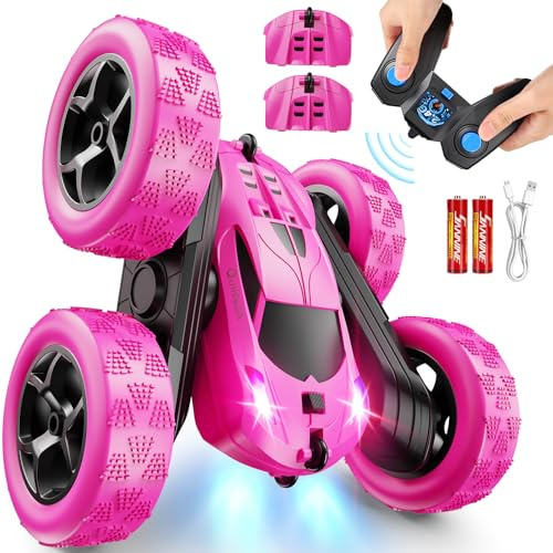 QUNREDA Ferngesteuertes Stunt Auto Rosa 4WD 2.4GHz Mädchen RC Car Doppelseitig 360° Flip Rotation LED Modularer  Akku Robustes Outdoor Spielzeug 6‑12 Jahre Geburtstags Weihnachts Geschenk