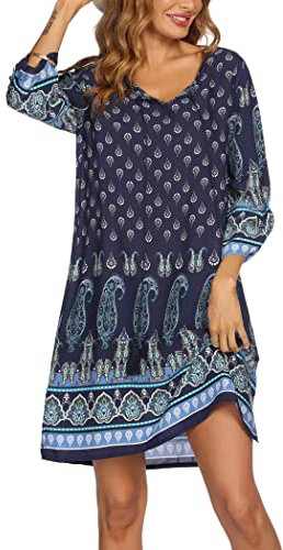 Zeagoo Damen Sommerkleid Bohemian Freizeitkleid Sommer 3/4-Arm Strandtunika Knielanges T Shirt Kleider Strandkleid Navy Blau M