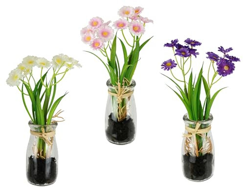 Künstliche Mini-Margeriten im Glas Arrangement Gänseblümchen Deko Dekoblumen Pflanzen Kunstblume Frühjahrsdekoration Unechte Blumen Frühjahr Ostern Osterdeko Tischdeko 3er Set, Mini-Margeriten