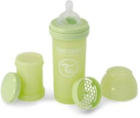 Twistshake Anti-Kolik-Babyflasche mit Milchpulverbehälter und Mixer - 180ml | Brustähnliche Nippel aus Silikon mit mittlerem Durchfluss | BPA-freie Babymilchflasche | Neugeborene (0+) | Kaktusgrün