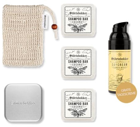 Störtebekker® Premium Dusch Routine Set - Festes Shampoo Kokos (x3), Sisalsäckchen, Seifendose + GRATIS Tagescreme - Shampoo Bar Set für Haar, Gesicht & Körper - Handgefertigt in Seifenmanufaktur
