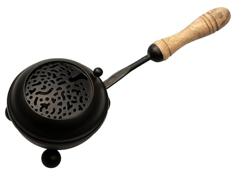 NKlaus Räucherpfanne mit Griff für Weihrauch, Schwarz, Ø 8 cm, 1 Stück | Aus Eisen, mit Holzgriff und Baum-des-Lebens-Motiv; Betrieb mit Kohle und Räuchersand empfohlen