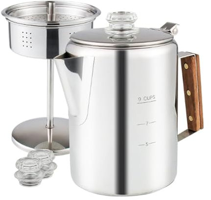 Rordigo Perkolator-Kaffeemaschine für Camping, Kaffeemaschine, Perkolator-Kaffeemaschine, Edelstahl, für Camping, Outdoor, 9 Tassen