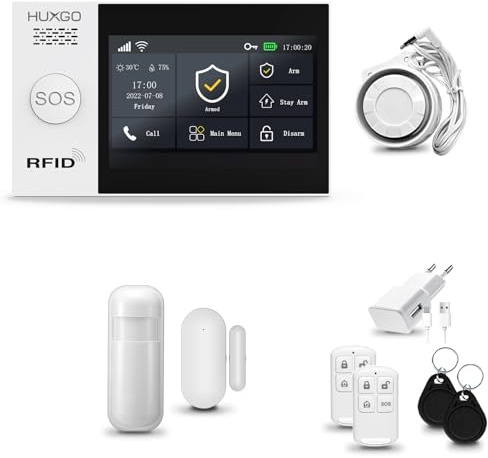 HUXGO® HXA007 Système d'alarme Maison WiFi + GSM avec Sirène | Alarme Maison avec 1x capteur de fenêtre sans Fil, 1x détecteurs de Mouvement | Kit d'alarme pour Appartement, Garage