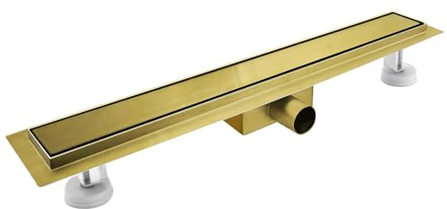 sunrik Duschrinne 80 cm, Gold Befliesbar Edelstahl Duschrinne flach | Edelstahl Bodenablauf Komplettset mit Siphon Haarsieb