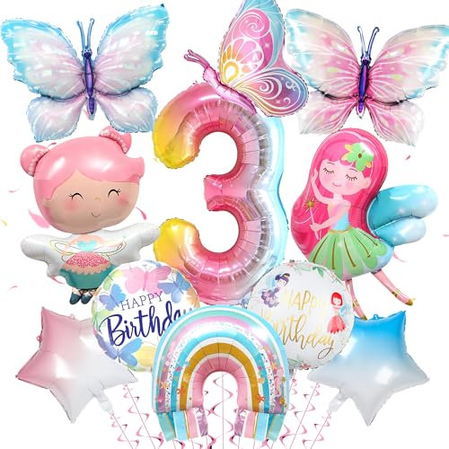 Schmetterling 3. Geburtstag Luftballon Deko für Mädchen - Feen Geburtstagsdeko Set mit Schmetterlinge Luftballon, Folienballon 3, Eelfen und Feen Ballon, 3 Jahre Mädchen Party Dekoration