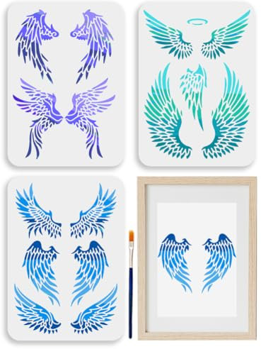 MAYJOYDIY 2 Stück Engelsflügel Schablone 29.7 × 21cm Federmalschablonen Mit Pinsel Wiederverwendbare Engel/Teufel Vogelflügel Schablone Auf Kunsthandwerk Leinwand Wand Stoff Stein