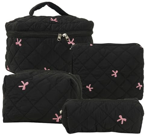 4er Kosmetiktasche Set für Damen,Kulturtasche Gesteppte Makeup Tasche Tragbar Aesthetic Reise Kosmetiktasche Organizer mit Reißverschluss,Kosmetiktaschenset für Mädchen,Bestickte Schleife (Schwarz)