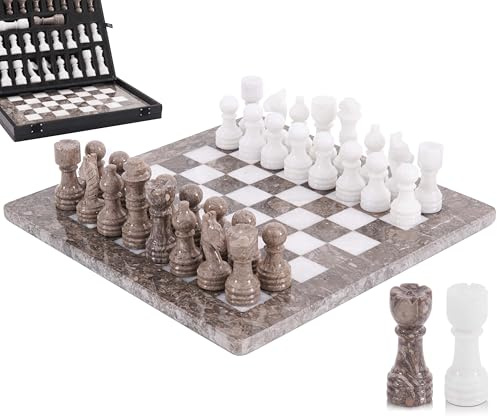 Marble Chess Set for Adults 12 Handmade Oceanic & White Board Game with 32 Chess Pieces, 2 Extra Queens & Storage Box, Luxury Travel Game, Elegant Gift for Home Decor