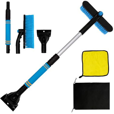Raschietto per Ghiaccio Auto Parabrezza con Scopa, Asciugamano per Lavaggio Auto, Telecop 56-73 cm, Rompighiaccio in ABS, Impugnatura Ergonomica in Schiuma, Rotazione 360° Staccabile (Blu)