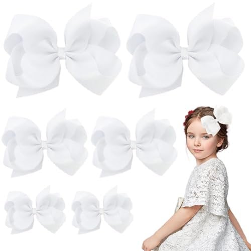 6 Pack Hairs Bow Clips, hair bow white,3 Sizes White Bow for Girls, White Bows for Hair School Hair Accessories(6 inch, 4 inch, 3 inch)
