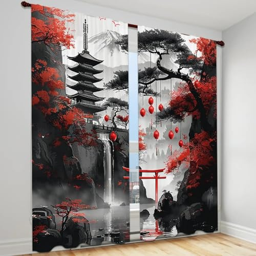 2-teiliges Verdunkelungsvorhang-Set mit japanischem Landschafts-Torii-Tor-Design, Polyestergewebe, moderner Stil, maschinenwaschbar, mit Stangentasche WxH/2x70x190cm gardinen kinderzimmer