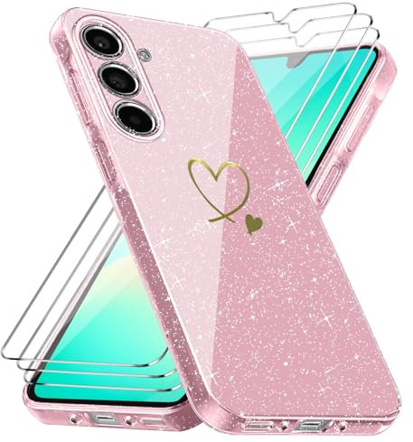 Cover Compatibile con Samsung Galaxy A26 4G / 5G, con 3 Pezzi Vetro Temperato Pellicola Protettiva, Glitter e Antimpronta Custodia, Antigraffio e Morbido Caso - Rosa