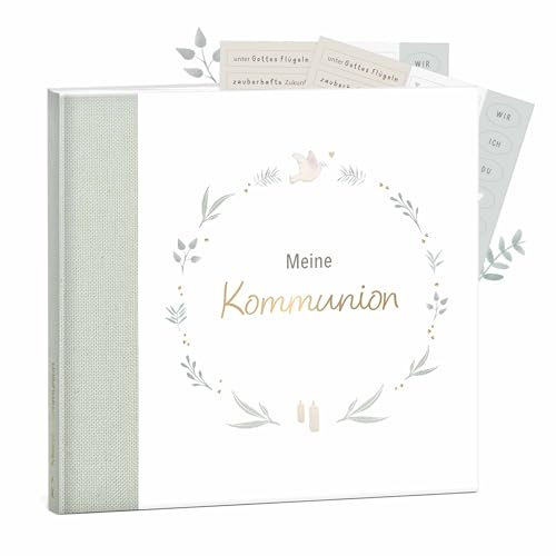 mintkind® Gästebuch Kommunion Salbei - Kommunionsbuch zum Ausfüllen, 72 Seiten zum Kreativgestalten, hochwertiger Leineneinband - Kommunionsgeschenk & Deko für die Kommunionfeier