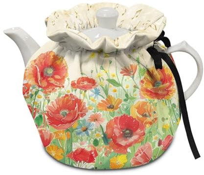 Poceacles Teewärmer für Teekanne, Staubschutz mit Isolierkissen, weicher Stoff, Wasserkocher, Stoffbezug für Küche, Tischdekoration, Mohnblumen-Musiknote