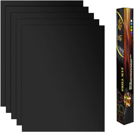 Grill Mat Set of 5 BBQ Mats Non Stick Reusable Grilling Mats with Grill Brush BBQ Cooking Mats for Oven Liners Gas and Charcoal Grills 40 x 33 cm