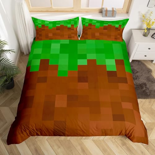 Homemissing Pixel Spiel Bettwäsche Set 155x220cm Grün Braun Camo Bettbezug für Kinder Cartoon Dekor Betten leichte Mikrofaser Schlafzimmer Dekor