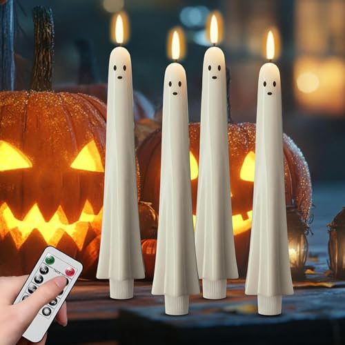 CHENRI 4PCS Ghost Flameless Taper Candles with Remote and Timer, Flickering Ghost Taper Candles, 3D Spooky Ghost Halloween LED Candle Battery Operated, Cute Ghost Taper Candle for Home Party Decor