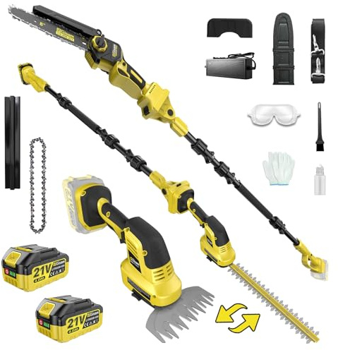 6-in-1 Mini Kettensäge & Teleskop Heckenschere Set, 8-Zoll Elektro Kettensäge, 2×4.0Ah Akkus, 2500W Bürstenloser Motor 45000RPM, 0-180° Verstellbar, mit Makita 18V, 4,5m für Baumschnitt (oro)