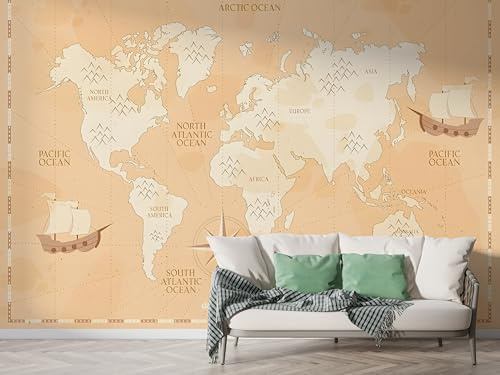 Boceoey Map Wall Mural, Self Adhesive Wallpaper Peel and Stick, Compass World Map Home Decor Photo Wallpaper, Silk Cloth Wall Sticker for Living Room & Bedroom, 250x175 cm - K-934
