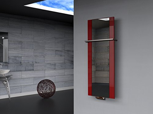 Badheizkörper Singapur (Spiegelglas) 120 x 47 cm, 799 Watt, rot/Spiegel + 1 Handtuchhalter (Marke: Szagato) Made in Germany/Top-verarbeiteter Bad Wohnraum-Heizkörper (Mittelanschluss, Echtglas)