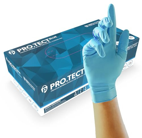 UNIGLOVES PRO.TECT Azul GU0041 Guantes de nitrilo de alta resistencia - Multiusos, Sin polvo ni látex, Guantes desechables, Caja de 100 Guantes, Azul, Extra Pequeña