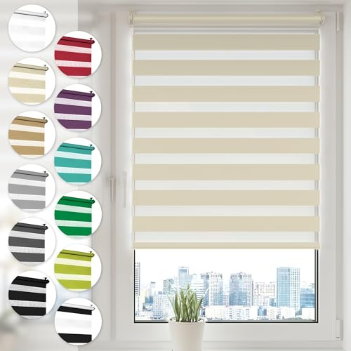 Sonello Tenda a rullo doppio strato Giorno e Notte a senza foratura 80cm x 210cm crema, facile Fissaggio a Clip Senza Viti, Tenda a rullo Zebra per Finestra o Porta, protezione solare