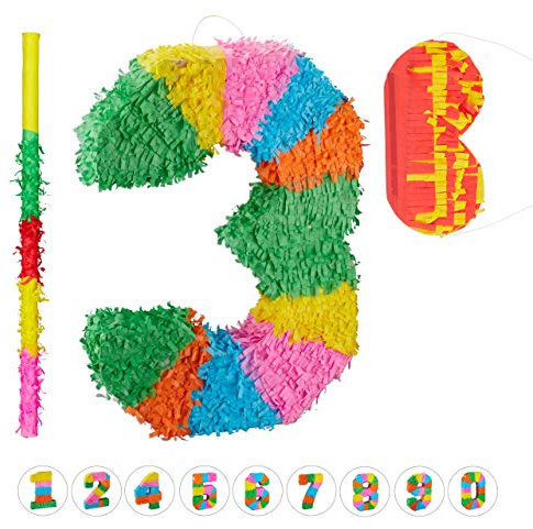 Relaxdays 3 TLG. Pinata Set Geburtstag, Zahl 3, Pinatastab mit Augenmaske, Kinder & Erwachsene, Piñata zum selbst Befüllen, bunt
