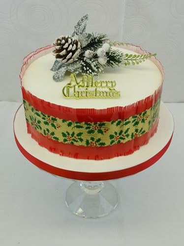 Christmas Cake Pine Cone Spray Gold Motto With 1 Metre 83mm Red with Gold Holly Berry Foil Band Cake Topper Decoration Complete Set