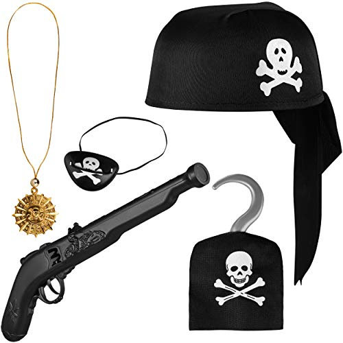 Balinco Piratenset 5-teilig für Kinder bestehend aus Schwarzem Piratenhut + Pistole + Augenklappe + Goldene Kette mit Anhänger + Piratenhaken - Kostüm Set für Fasching/Karneval