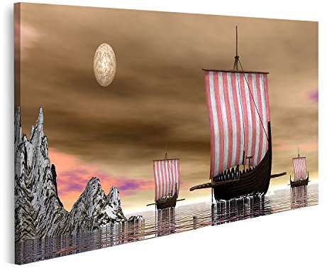 islandburner Leinwandbild, 3D-Darstellung von langen Schiffen oder Wikingern, moderne Bilder, Dekoration für Wohnzimmer