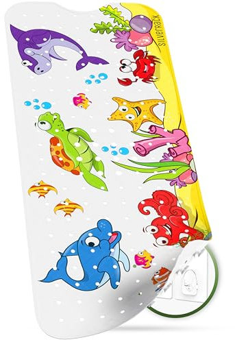 SilverRack Kinder Badewannenmatte 100x40 cm (Fische Motiv - RECHTS) - Antirutschmatte Badewanne BPA frei für Kinder und Babys - Duschmatte schimmelresistent - Bedruckte Badematte