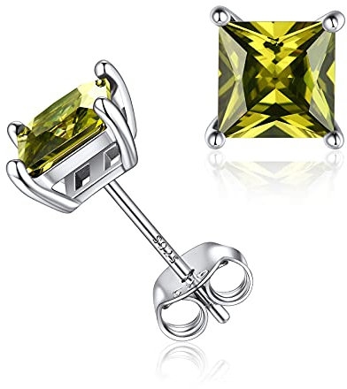 Clou d'Oreilles pour Femme - Boucle d’oreilles Puces en Argent 925 avec Cristaux Péridot Chartreuse Pierre Carré Diamètre 6 mm Brillante Bijoux Cadeaux d'Anniversaire pour Femmes Filles Elle