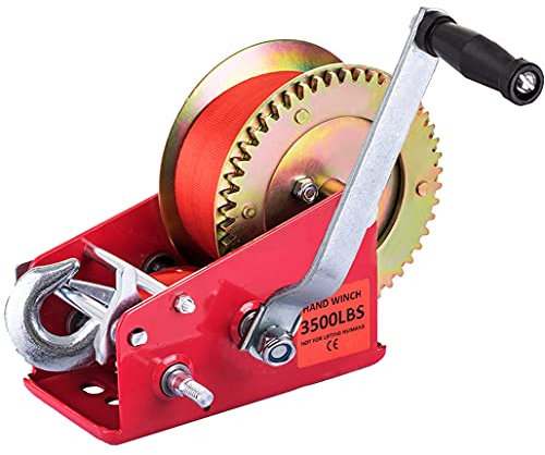 Hand Winch Heavy Duty 3500lbs with Nylon Strap and Ratchet Handle Hook 2 Gear Manual Crank Towing Winch for ATV Boat Trailer Truck Auto (3500 Red)