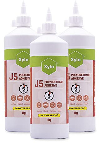 External 5 Minute PU Polyurethane Glue D4 Wood Glue Strong 1 Litre Adhesive Pack of 3, Xylo J5