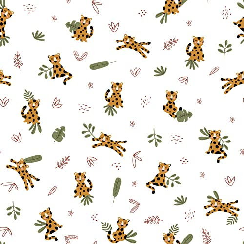Stoff Meterware Sweet Leopard Weiß Jersey - 1 Meter, Afrika, wilde Tiere, Blätter, T-Shirt, Deko