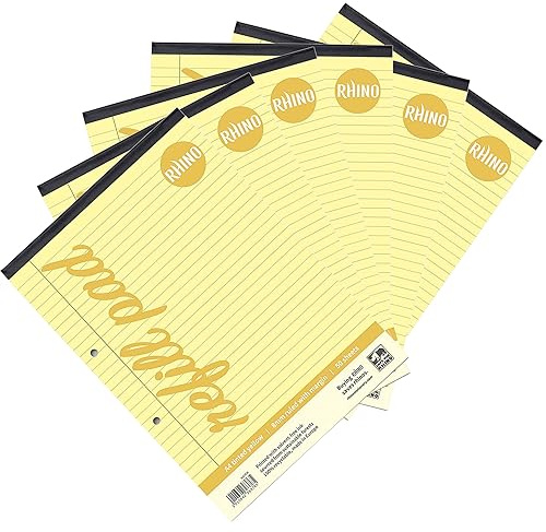 RHINO Stationery Yellow Paper A4 Refill Pad | 50 Leaf/100 Page | 8mm Ruled with Margin | Pack of 6 - Ideal A4 Writing Paper for Dyslexia & Other SEN