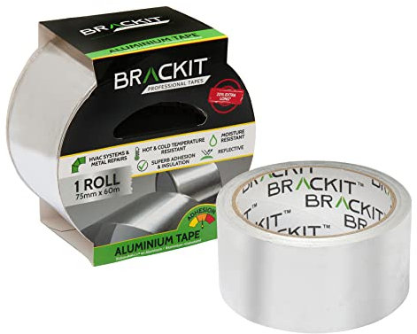 brackit 60m Extra Long Aluminium Foil Tape | Conductive, High Temp Heat-Resistant Foiled Tape Rolls for HVAC Repair, Ducts, Insulation, Dryers,… (75mm x 60m)