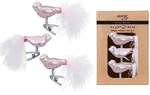 Christbaumschmuck Glas 4.5cm x 3 Stück Vögel auf Clip in Kartonbox Hellrosa rosa Mix Lovely Magnolia