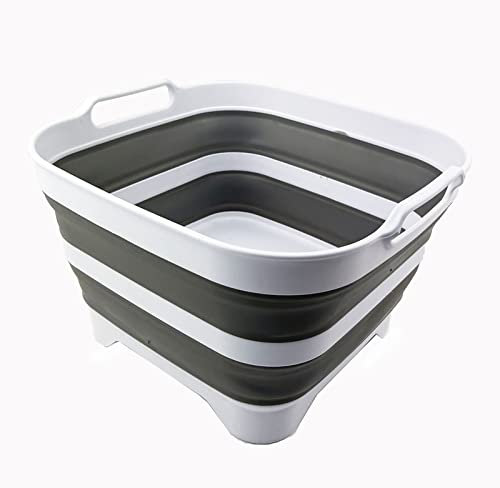 SAMMART 10L Collapsible Plastic Dishpan with Draining Plug - Portable Washing Tub/Basin - Foldable Tub - Space Saving Kitchen Storage (White/Grey/White)