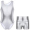 HULIJA Kinder Mädchen Glänzend Turnanzug Ärmellos Tanzbody mit Shorts Gymnastikanzug Bühnenauftritt Gymnastik Tanzkleidung A Silber 122-128