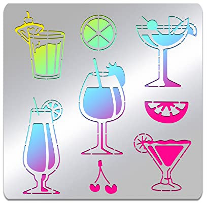 BENECREAT Summer Drink Stainless Steel Stencil, Various Styles Hawaiian Lemon Cocktail Cup Patterns Metal Journal Template for Wood Burning Engraving Painting Scrapbooking, 15.6x15.6cm