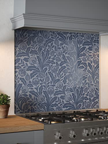 Country Living Acanthus Leaf Air Force Blue Glass Kitchen Splashback 600mm x 750mm - Self Adhesive Easy Install Cooker Back Panel