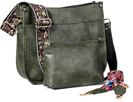 Erideno Lot de 2 sacs à main à bandoulière pour femme - En similicuir végan - Avec 2 sangles de guitare, vert