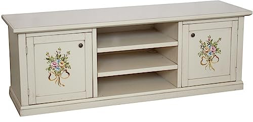 MOBILE PORTA TV IN LEGNO SHABBY CHIC BIANCO ANTICATO DECORATO A MANO
