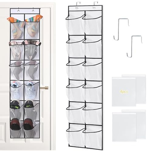 Grantop Over The Door Shoe Rack Organiser,12 Large Mesh Pockets Hanging Shoe Storage with 2 Hooks 4 Shoe Bags Set,Foldable Breathable Hanging Shoe Rack Holder for Narrow Wardrobe Storage Tidy