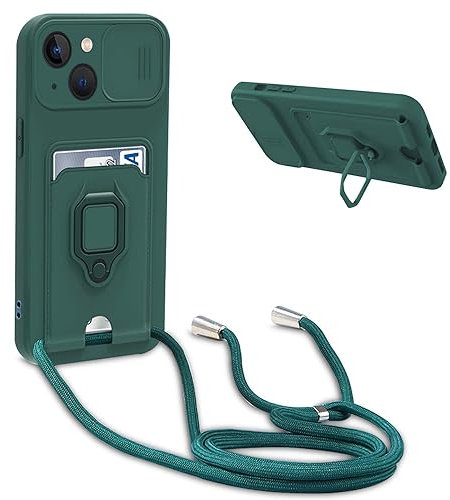 YFSYLL Handykette Schutzhülle kompatibel mit iPhone 15 Handyhülle mit Band,Silikon Handyhülle Case mit Schiebe Kameraschutz,360 Grad Ringhalter Stand,Kartenfach,Dunkel Grün