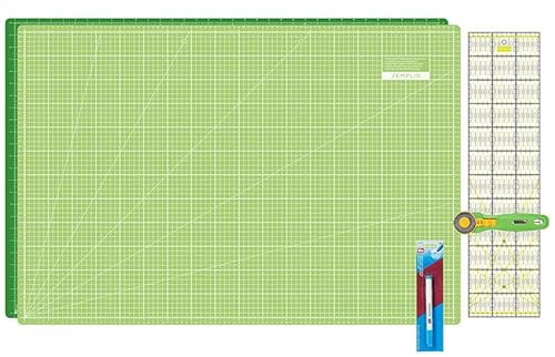 SEMPLIX Schneidematten Set - Schneideunterlage 90 x 60 cm (A1), Rollschneider Maxi, Patchwork Lineal + Aqua-Trickmarker (hellgrün/grün)