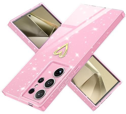 Yichxu Coque pour Samsung Galaxy S24 Ultra 5G Silicone Glitter Housse avec Protection Caméra Anti-Rayures Souple TPU en Protection Antichoc Amour de Coeur légère Étui pour Samsung S24 Ultra 5G, Rose