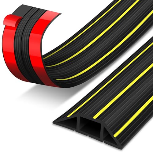 Floor Cable Cover, 3 Meters Floor Cable Protector, Self Adhesive, Rubber Wire Covers for Cables Indoor Outdoor, Heavy Duty Floor Cord Cover Tidy with 3 Cord Channels, Black